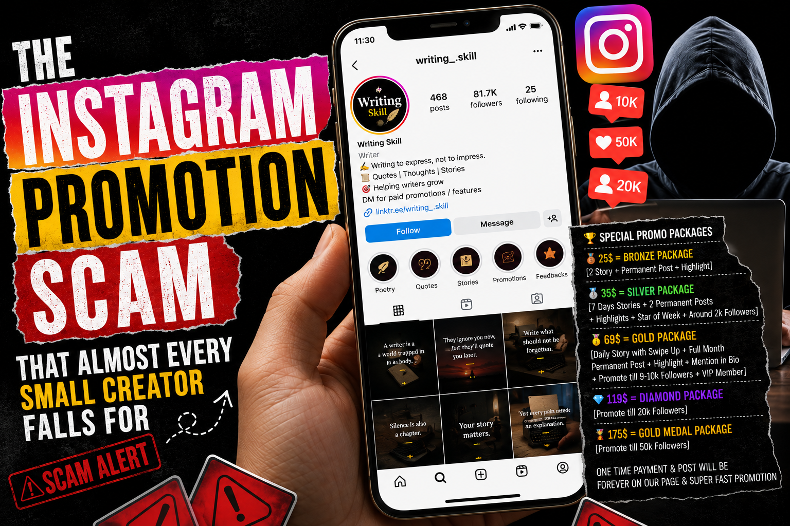 Warning graphic about fake Instagram promotion scams targeting small creators and writers through paid feature page offers.